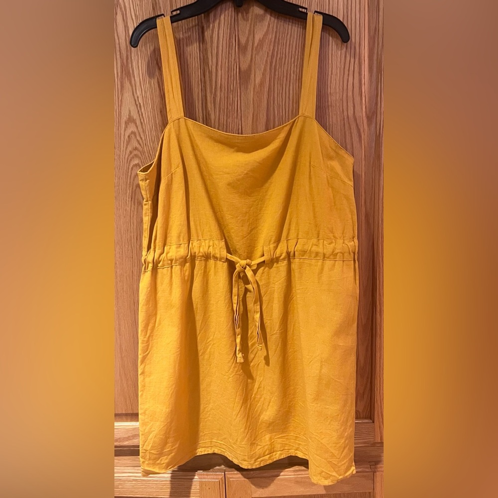ASOS Square Neck Cinched Tie Waist Cotton/Linen Dress‎ in Mustard Yellow Size 8